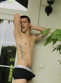 Tattooed Peter Kone masturbates on the front porch