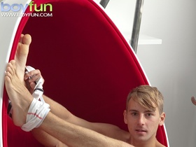 Cute blond Constantine blows huge load over his stomach