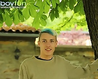 Pierced boy Jiminy masturbating outdoors