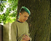 Pierced boy Jiminy masturbating outdoors